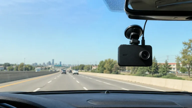 Dash cam mounted inside a modern car on a suburban road, representing a dash cam insurance discount.