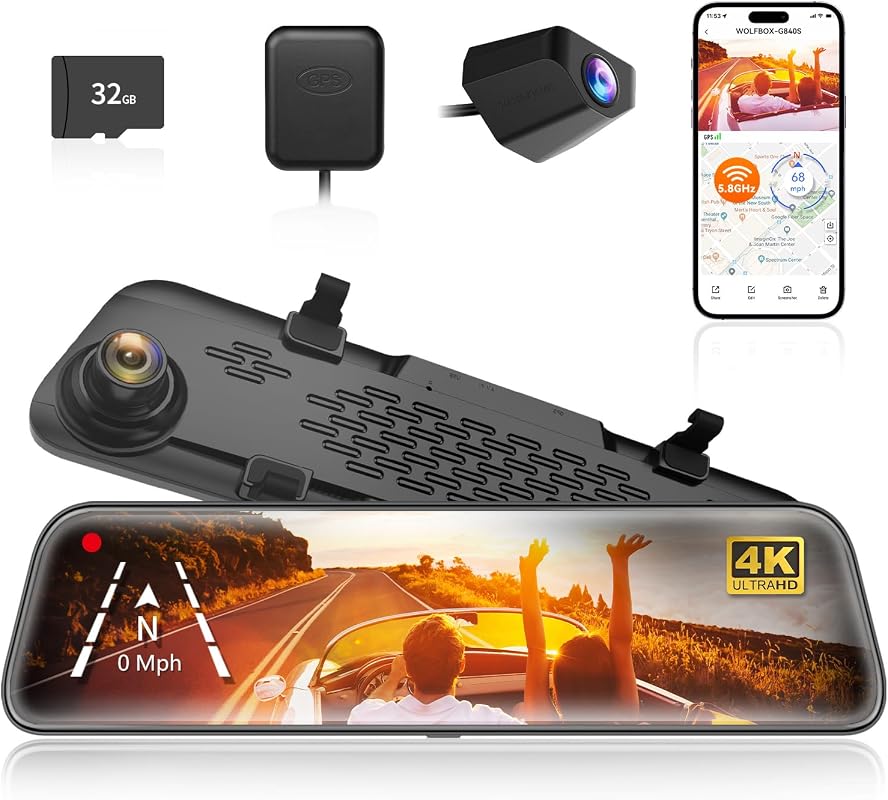 WOLFBOX G840S 12" 4K Mirror Dash Cam with Dual Cameras, WiFi, GPS, and 32GB Card