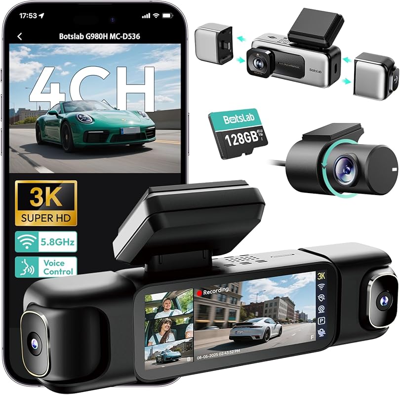 BOTSLAB 4-Channel Dash Cam with Front, Rear, Inside Recording and Parking Mode