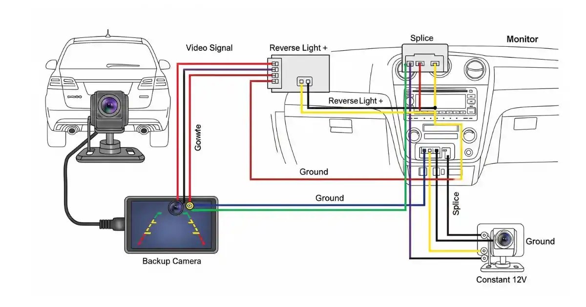 Diagram of backup camera signal path from camera to display, with potential failure points labeled.