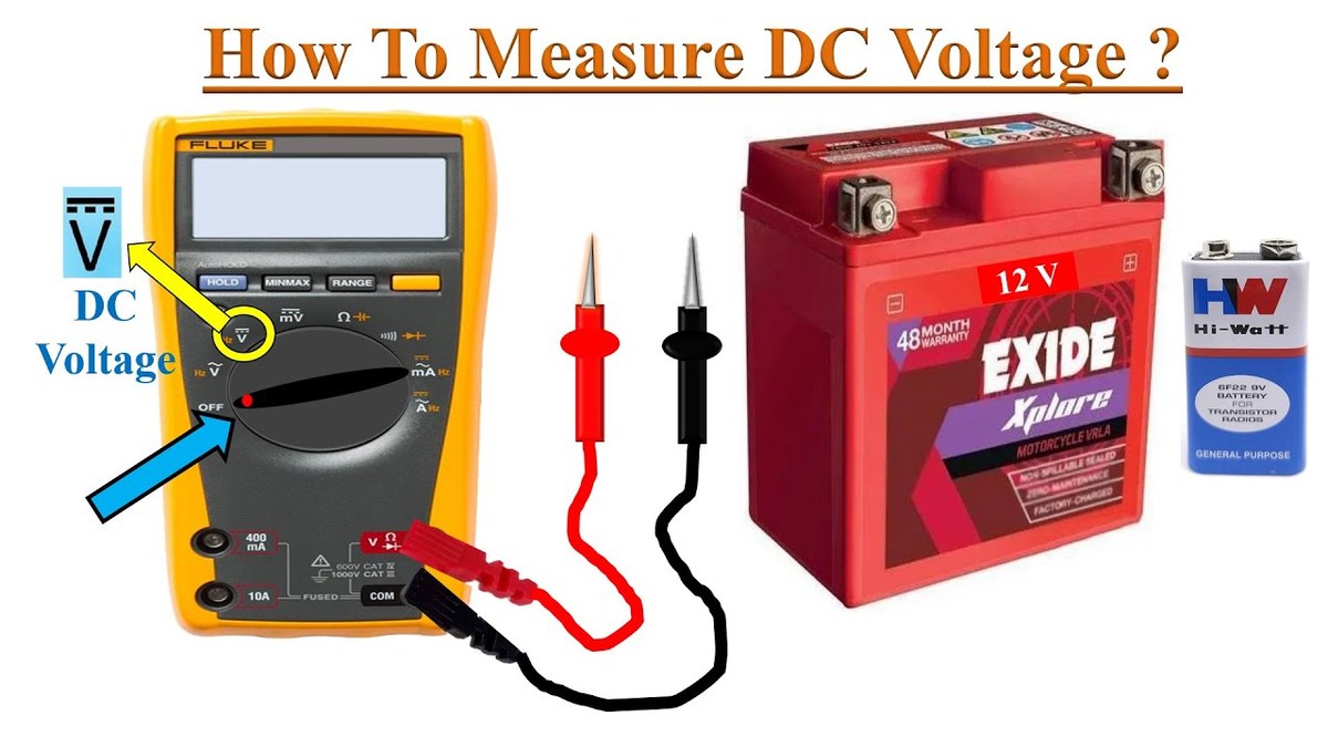 Hand holding digital multimeter probes to a portable jump starter to test battery voltage