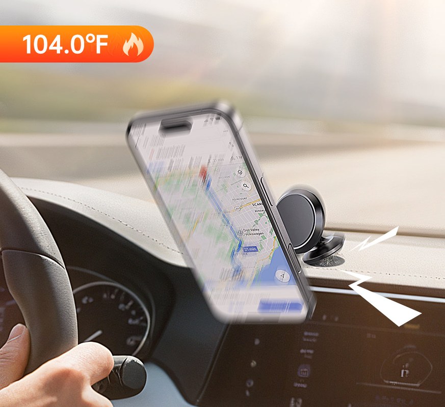 Car phone mount attached to dashboard vent holding a smartphone